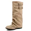 Botas de Cavaleiro Femininas 2026 Novo Estilo Salto Grosso Retro Plissadas Acima do Joelho Longas com Fivela Oculta de Aumento de Altura