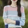Suéter nuevo, prenda base estilo retro, top de punto transpirable con cuello redondo y rayas de arcoíris, cómodo para ventas transfronterizas, algodón puro estilo francés