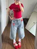 Chao Li tiene en stock jeans cropped de retazos con estampado de estrellas para mujer, pantalones casuales rectos anchos de verano holgados para adelgazar