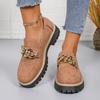 Sapatos de Cano Baixo com Bico Redondo, Solado Grosso e Corrente de Metal, Tamanho Grande, Estilo Europeu e Americano para Mulheres, Salto Grosso, Solado Grosso, Slip-On, Mocassins Preguiçosos