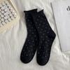 Meias femininas de algodão Wave Dot, cano médio, estilo japonês, enroladas, primavera e outono, com bordas de orelha, meias de algodão pretas para estudantes