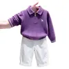 Conjunto de dos piezas para niño estilo coreano otoño 2026: suéter de punto morado calado bordado y pantalones casuales blancos para niños
