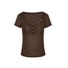 Camiseta Feminina de Verão Estilo Americano Sexy Cor Sólida Gola V Botão no Ombro Manga Curta Puro Desejo Spice Girls Slim-fit Slim-fit Top Curto