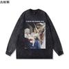 Top Casual Oversize com Estampa Divertida de Desenho Animado Hiphop Americano Harajuku Camiseta Retro Desgastada de Manga Longa para Homens