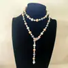 Colar longo de pérolas de alta qualidade, temperamento feminino, versátil, com diamantes em formato de folhas, corrente para suéter, novos acessórios de outono e inverno, atacado