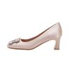 Estilo Francés Hermosos Tacones Altos color albaricoque Zapatos de Mujer Versátiles con Pedrería Punta Cuadrada Tacón Midi Bajo Zapatos de Una Capa para Mujer Vestido Zapatos de Dama de Honor