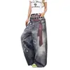 E-commerce Transfronteiriço Jeans Rasgado com Estampa de Leopardo Tie-Dye e Cós Duplo Estilo Europeu e Americano para Mulheres, Calça Nova de Cintura Alta Larga Estilo Boyfriend