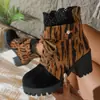 Botines Cortos de Tacón Alto con Estampado de Leopardo y Encaje para Mujer, Exportación Transfronteriza, Tacón Grueso, Talla Grande, con Cordones, Nuevo Invierno 2025