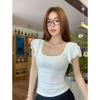 Camiseta Blanca de Puro Deseo con Cuello en U y Mangas Cortas para Mujer, Nuevo Estilo Verano 2025, Corte Ajustado, Ceñida a la Cintura, Color Sólido, Sexy, Favorecedora, Top Versátil