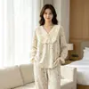 Novedad Primavera/Otoño 2026 Ropa de Casa para Mujer Gasa de Algodón Puro Encaje Cuello Redondo Manga Larga Pantalones Largos Pijama Holgado para Casa