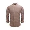 Camisa de hombre con textura de lino sintético y cuello mao con tapeta oculta, camisa de manga larga business casual, camisa clásica business casual para hombre