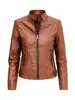Chaqueta de cuero sintético con cuello alto hecha a medida estilo europeo y americano transfronteriza de AliExpress, corte ajustado, chaqueta ligera de primavera/otoño para mujer, chaqueta de motociclista para mujer