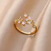 Anillo Abierto de Diseño Minimalista y Fresco Estilo Ins con Forma de Rama de Hoja y Flor, Anillo de Zirconia, Anillo Abierto Ajustable
