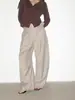 Pantalones Casuales Amplios de Pierna Ancha de Kendo Plisados de Cintura Baja con Cinturón, Color Caqui Gris Brillante y Textura Cremosa, SIN NADA FEO