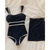 Traje de baño para Mujer 2025 Nuevo Negro Tirantes Triángulo Una Pieza Falda Conjunto de Dos Piezas Conservador Look Adelgazante Cubre Vientre Pechos Pequeños Aguas Termales