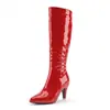 Botas longas de couro envernizado com bico quadrado para comércio exterior, salto alto grosso, zíper lateral, estilo balada, plus size, over-the-knee, botas longas, transfronteiriço, AliExpress