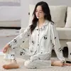 Conjunto de pijama de algodón de manga larga y pantalón largo para mujer, con cuello camisero y estilo cárdigan, talla grande, adecuado para primavera y otoño, conjunto de ropa de casa dulce y lindo