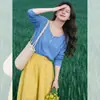 Traje Estilo Coreano: Cardigã de Tricô de Seda Gelada Azul com Decote V e Proteção Solar para Mulheres, Roupa de Verão com Camisola, Top Fino para Cobrir