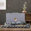 Conjunto de chá azul e branco Jingdezhen conjunto de cerâmica antiga de alta qualidade para casa e escritório conjunto de chá kung fu conjunto com caixa de presente
