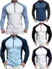Ropa de Entrenamiento Transpirable con Media Cremallera de Comercio Exterior Transfronterizo para Hombres y Mujeres, Manga Larga, Secado Rápido, Camiseta, Primavera y Otoño, Bloques de Color Juveniles, Top de Fitness