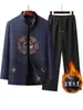 Traje de Inverno Masculino Tradicional Chinês com Forro de Lã, Conjunto de Jaqueta de Algodão Engrossada para Meia-Idade e Idosos, Jaqueta de Pai, Casaco de Algodão, Roupa Externa para Idosos