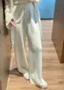 Pantalones de Pierna Ancha 100% Lana Pura Color Blanco Crema para Mujer Cintura Alta Adelgazantes Caída Suave Pierna Recta Estilo Coreano Pantalones de Abrigo Suaves y Sedosos