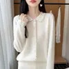 Cardigan de Punto Nuevo Otoño/Invierno 2026 Cuello Polo Lana Pura Manga Larga Crochet Hueco Color Sólido Suéter de Lana