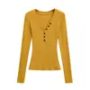 Camiseta de Manga Larga con Botones, Cuello en V Profundo, Corte Ajustado, Estilo Otoño Nuevo, Camiseta Básica Versátil y Elegante, Top Corto de Moda