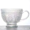 Copo de Água Padrão de Vidro Esculpido Retro Ins, Copo para Café da Manhã, Leite, Suco com Alça, Copo Embotado de Aveia Girassol