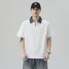 Camisa Polo Color Block Estilo Americano de Verão Moda Tendência Gola Reversível Manga Curta Casual Versátil Camiseta Manga Curta Masculina Roupa de Trabalho