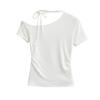 561-2025 Novo Estilo Puro Desejo Casual Gola Assimétrica Renda Blusa Feminina Moda Europeia e Americana Sexy Slim Manga Curta Camiseta