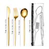 Venta caliente transfronteriza 304 acero inoxidable cuchillo, tenedor, cuchara, palillos traje de vajilla bolsa de PVC conveniente juego de cuatro piezas de vajilla portuguesa
