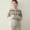 Cardigã de Cashmere Fair Isle Feminino Tricô Zíper Duplo Jaqueta de Tricô Outono e Inverno Top de Tricô de Cashmere Solto e Versátil