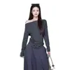Camiseta de Manga Larga Rayada para Mujer, Estilo Chica Picante, Ajuste Relajado, Hombros Descubiertos, para Primavera y Otoño, Top Perezoso de un Hombro Estilo Coreano