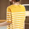 2026 Verano Nuevo Algodón Puro Estilo Francés Delgado Manga Corta Rayas Cuello Campana Tejido Versátil Juvenil Estilo Coreano Top para Mujer