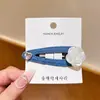 Presilha de Cabelo Camélia Azul Denim com Strass e Pérola Estilo Coreano para Mulheres, Presilha Lateral da Franja da Moda, Presilha BB, Pente de Cabelo Elegante