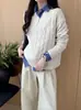 Suéter retro para mujer para otoño e invierno, estilo holgado y simple, nuevo jersey de punto con cuello en V y manga larga para mujeres petite