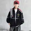 Jaqueta de moto infantil para crianças maiores, primavera e outono, com estampa digital, mangas color block, gola alta, zíper, peça externa estilosa, marca da moda