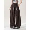Calça larga de perna reta estilo americano marrom retrô para mulheres, nova versão coreana primavera/verão, caimento solto, jeans que afina com cinto