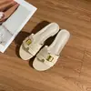 Sandalias de tacón alto retro de verano, nuevo estilo, puntera cuadrada, tacón grueso, con hebilla metálica, pantuflas tejidas sin cordones, en stock