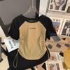 Camiseta de Algodón Puro Estilo Americano Retro Manga Raglán Contraste Mujer Verano Nueva Ajustada Cintura Ceñida Cordón Sentido del Diseño Top Tendencia