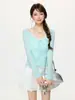 Blusa Camiseta Fina Semi Transparente de Manga Larga Azul con Cuello en V y Lazos para Mujer, Primavera/Verano 2026 para Vestir por Capas y Como Prenda Exterior, Top Ajustado