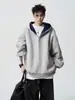 Cardigan Hoodie Americano High Street Plus Size Bloco de Cores Patchwork Masculino Tendência Peso Pesado Zíper Duplo Solto Casual Jaqueta com Capuz