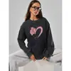 Top Fashionable Estiloso Estampado Leopardo Nicho Chique Manga Longa Algodão Puro Lavado Preto Desgastado Camiseta Solta