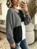 Suéter de punto de bloque de color de otoño e invierno de talla grande para mujer, superventas transfronterizo europeo y americano, con cuello redondo, colores contrastantes, patrón de cuadrícula cuadrada, diseño de hombros caídos y mangas largas