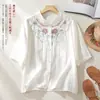Nueva camisa retro bordada de algodón y lino estilo chino para mujer, nuevo modelo de verano, blusa artística de cinco mangas fina y transpirable