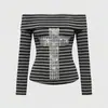 Top Gótico Picante para Chica sin Hombros con Pedrería de Cruz, Top Casual y Único que Ceñe la Cintura, Camiseta Sexy Estética High Street Hip-Hop