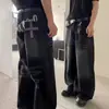 Jeans de pierna ancha con estampado de letras estilo callejero lavado a la piedra para mujer, de cintura alta, corte holgado, adelgazantes, de pierna recta, para primavera y otoño