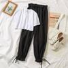 Conjunto de Duas Peças para Mulheres 2021 Novo Estilo Coreano Simples e Versátil Estilo Hyun-Ah Top Cordão Cintura Elástica Calça Casual Chique