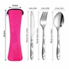 Set de cubiertos de acero inoxidable de tres piezas para Amazon, que incluye cuchillo para bistec, tenedor y cuchara, en una bolsa de tela creativa, adecuado para estudiantes y uso al aire libre